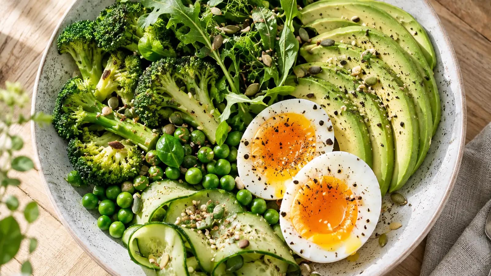 Assiette cétogène avec saumon, avocat, légumes verts et noix sur une table claire, lumière naturelle, sans texte ni logo
