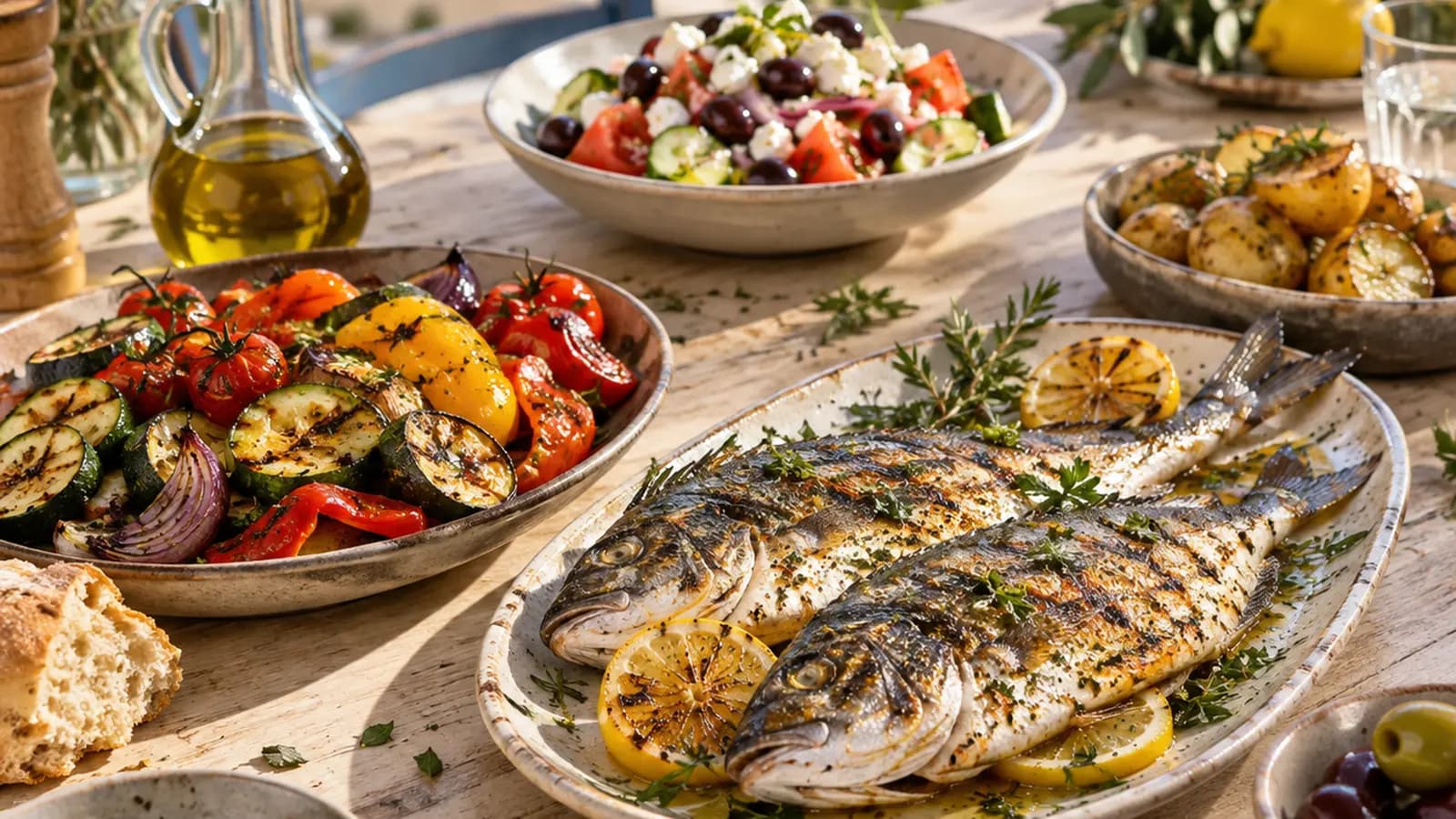 Assiette de légumes rôtis, pois chiches, pain complet et filet d’huile d’olive sur une table éclairée par la lumière naturelle