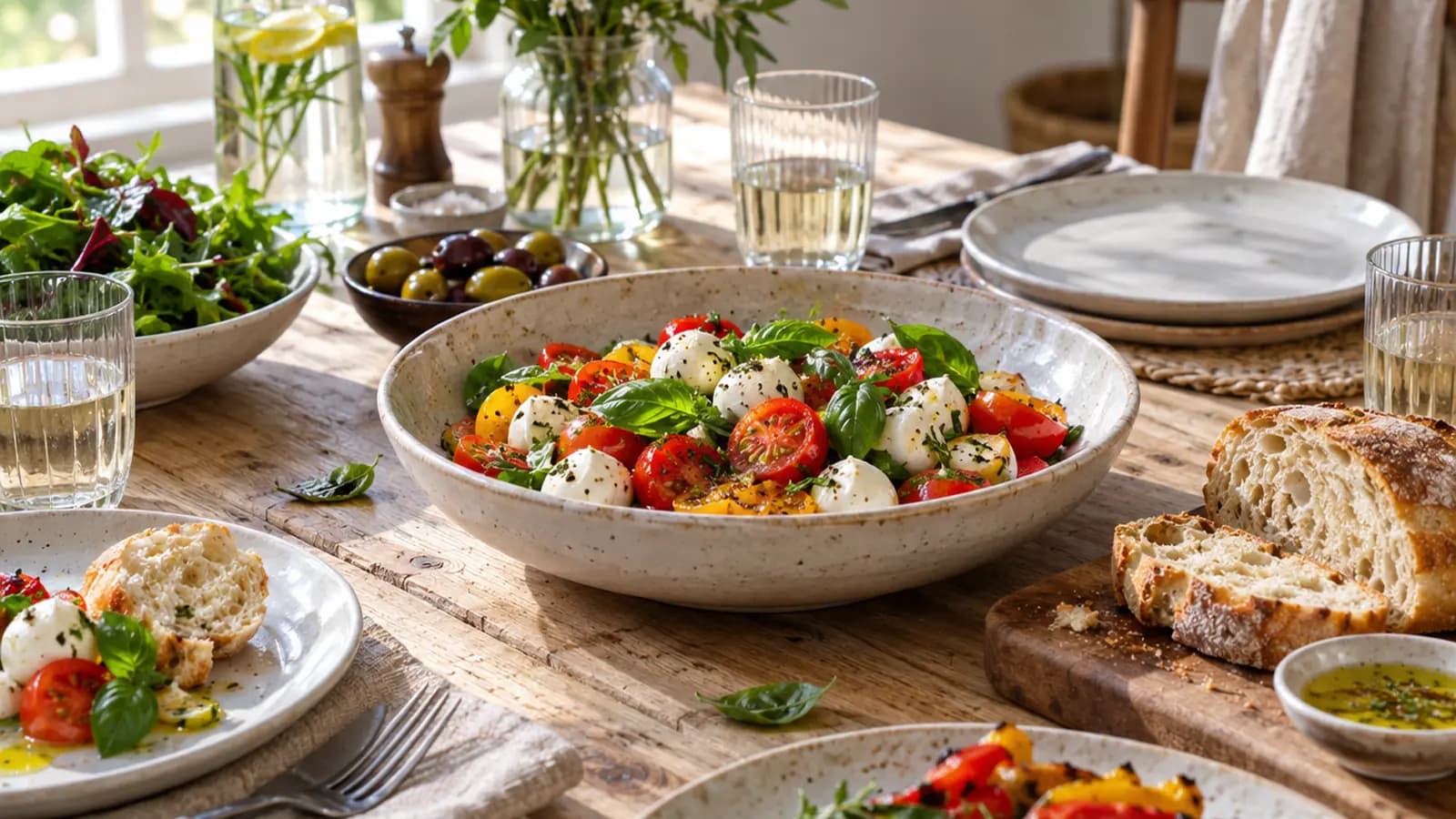 Riz, légumes et pois chiches avec deux assiettes et des boîtes de conservation, en lumière naturelle, sans texte ni logo
