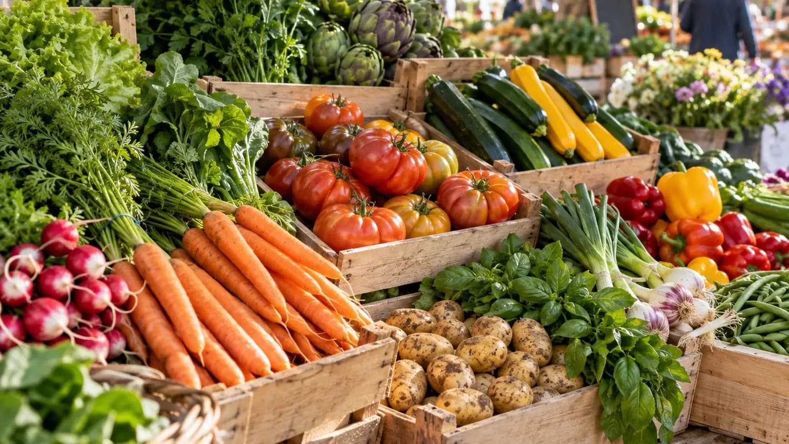 Table de cuisine éclairée par la lumière naturelle avec légumes de saison, fruits frais, herbes et quelques ingrédients pour préparer les repas