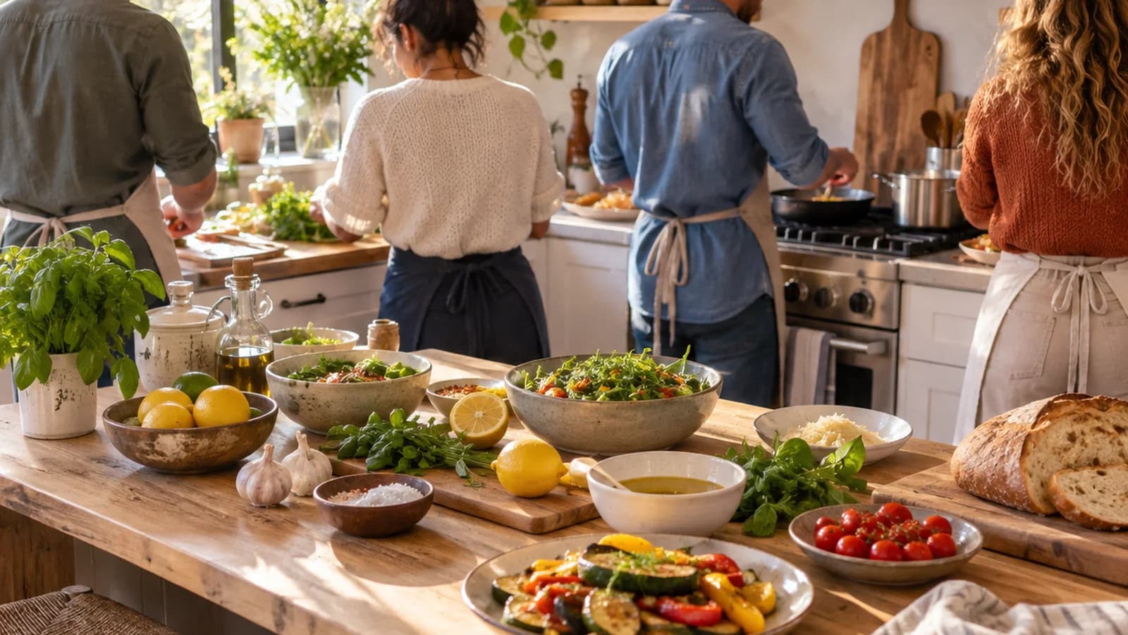 Table familiale avec une salade composée, des légumes rôtis et deux personnes préparant un repas, lumière naturelle, sans texte ni logo