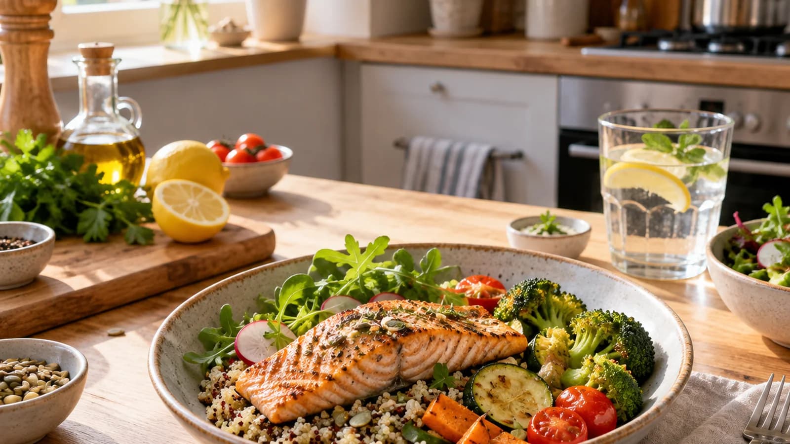 Petite cuisine en lumière naturelle, avec casserole, planche, carottes, œufs et bocaux de lentilles, sans texte ni logo