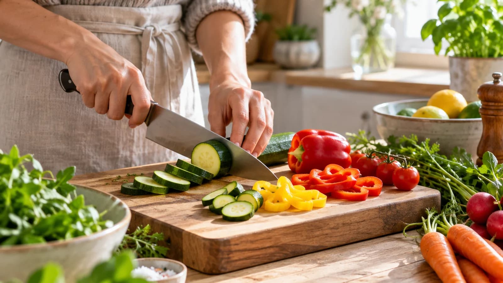 Plan de travail lumineux avec légumes coupés, herbes fraîches, boîtes de préparation et carnet de menu, sans texte ni logo