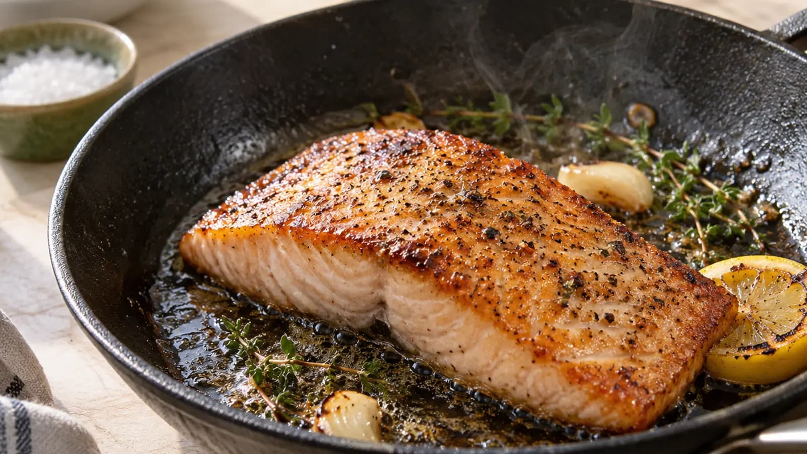 Poêlée éditoriale de filet de poisson doré et de viande saisie dans une poêle, lumière naturelle, sans texte ni logo