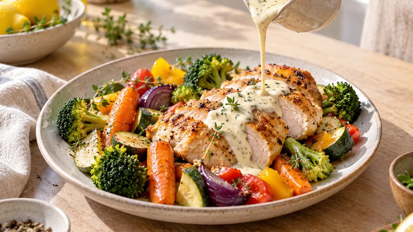 Bol de pâtes nappées d’une sauce veloutée aux légumes avec herbes fraîches, lumière naturelle, sans texte ni logo