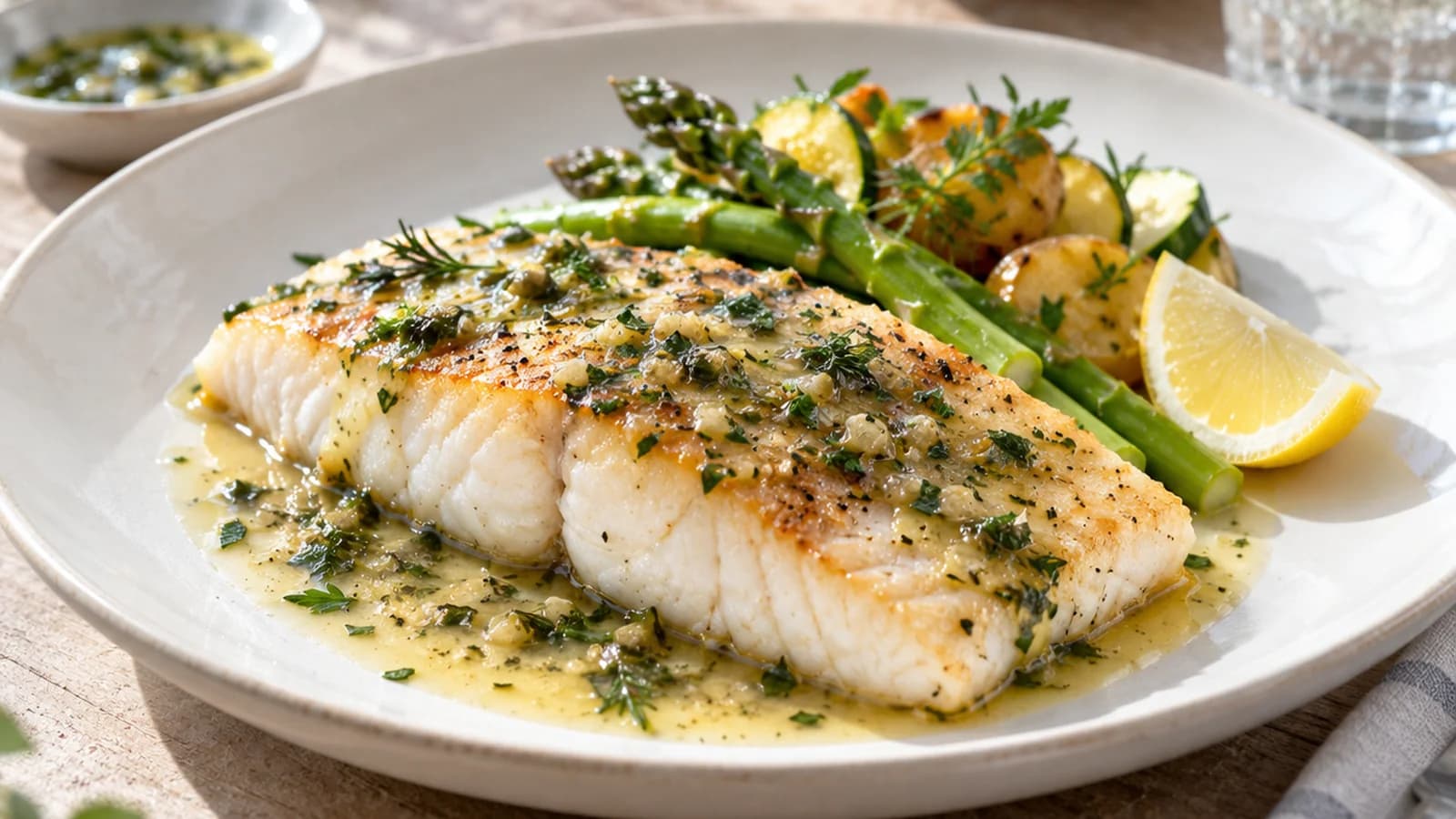 Filet de poisson rôti accompagné d’une sauce au yaourt, citron et herbes fraîches sur une assiette claire, lumière naturelle, sans texte ni logo