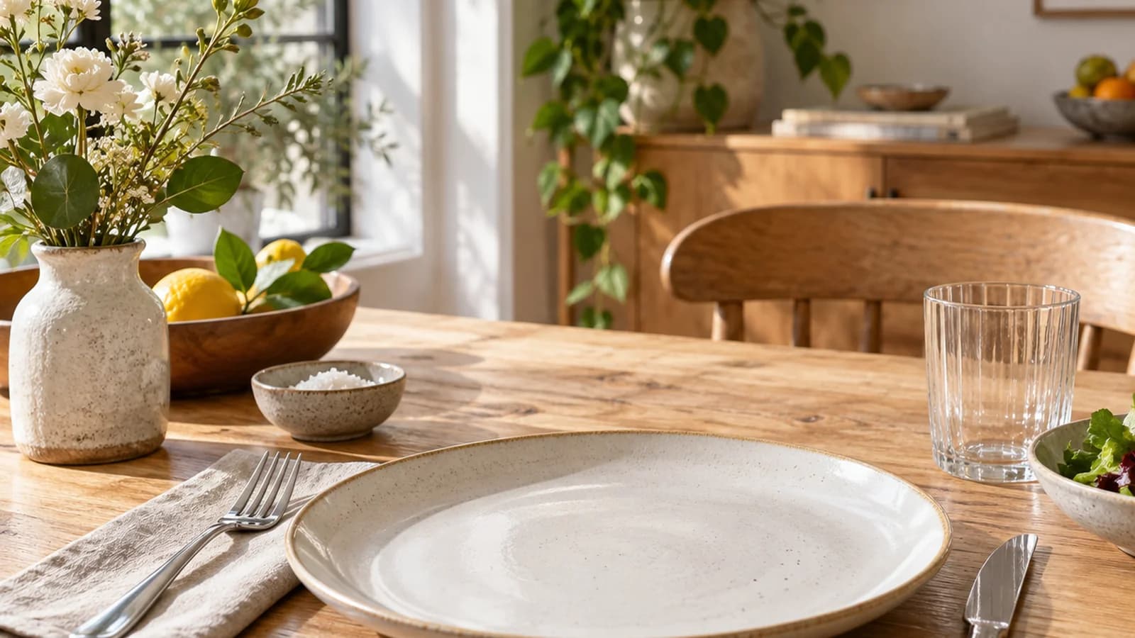 Assiette équilibrée avec légumes, œufs et pain complet sur une table en bois, lumière naturelle, sans texte ni logo