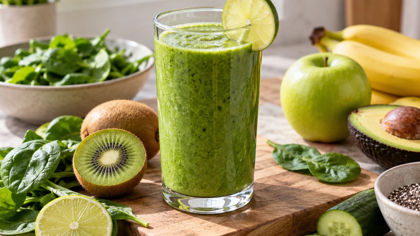 Smoothie vert maison aux épinards, concombre, fruits rouges et yaourt nature, posé sur une table en lumière naturelle, sans texte ni logo