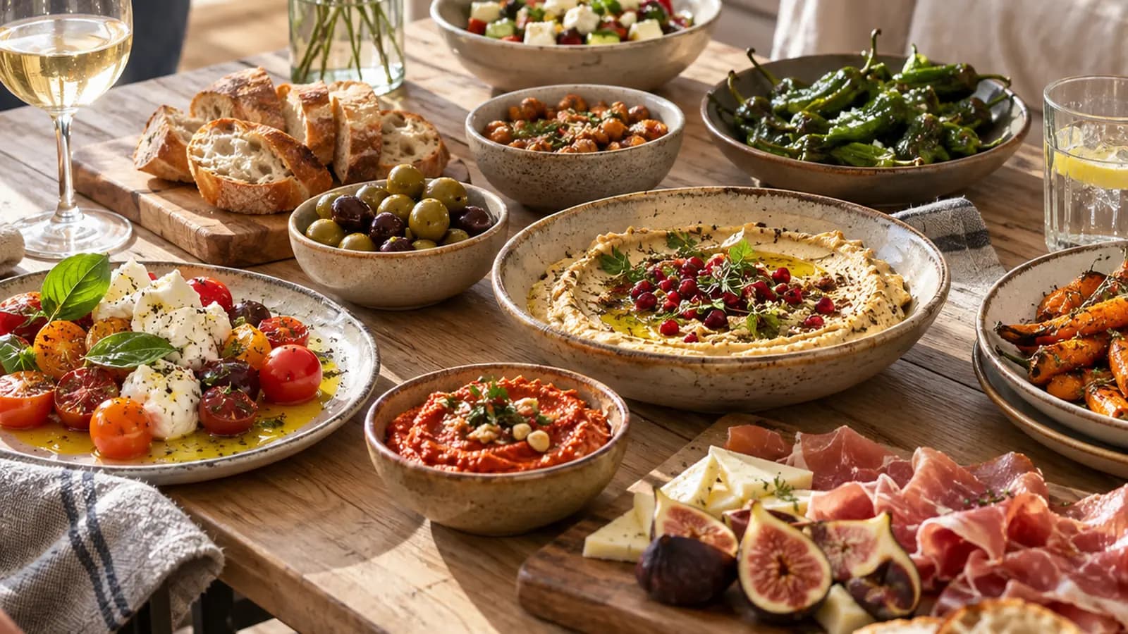 Table de dîner entre amis avec plats à partager, crudités, pain, dessert maison et verres, lumière naturelle, sans texte ni logo