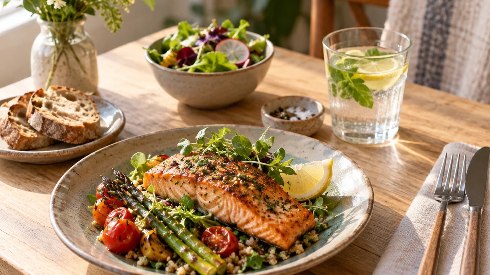 Table de cuisine éclairée par la lumière naturelle avec une soupe, du pain complet, un bol de salade et un yaourt, sans texte ni logo