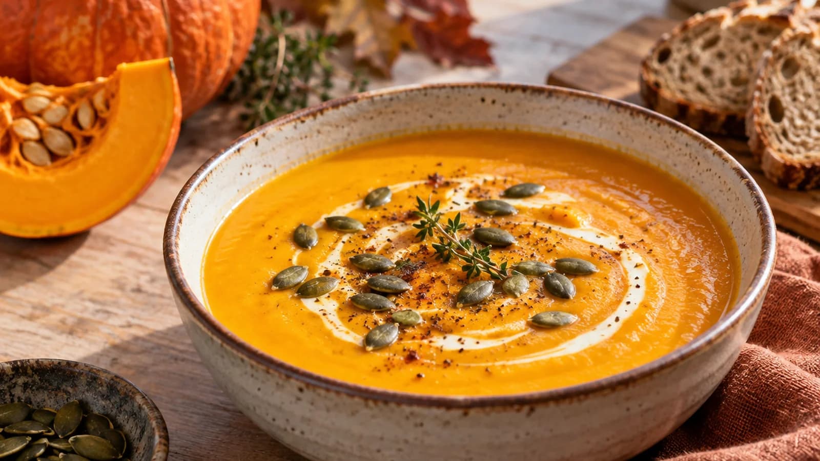 Bol de soupe de potimarron onctueuse avec graines de courge et herbes, sur une table en bois baignée de lumière naturelle, sans texte ni logo