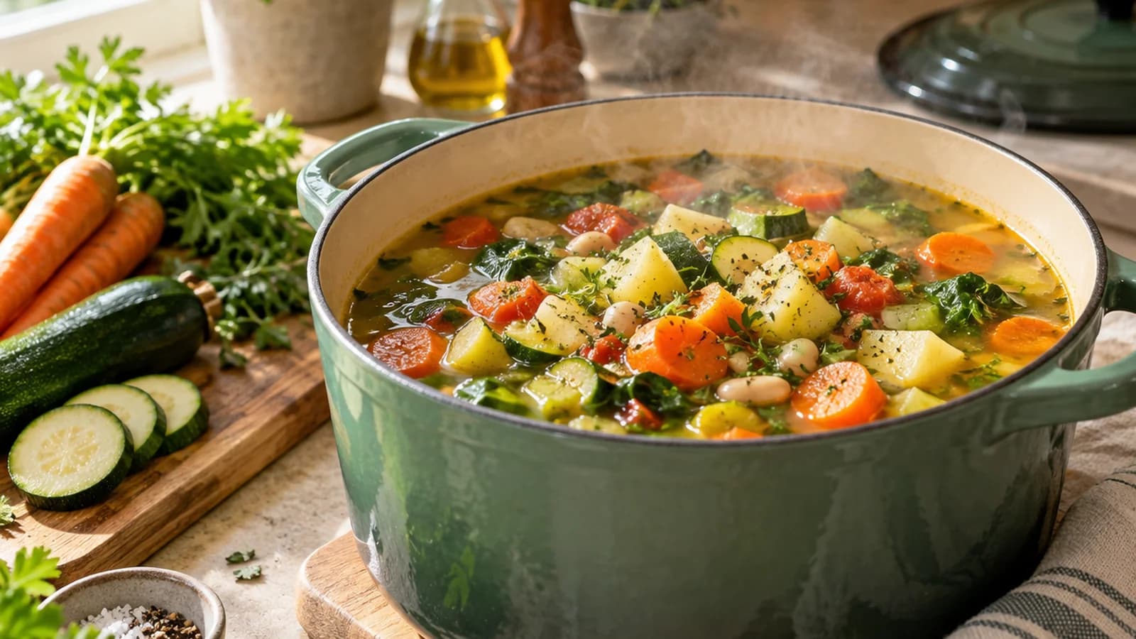 Bol de soupe de légumes maison colorée avec carottes, poireaux et herbes, posé sur une table en lumière naturelle, sans texte ni logo