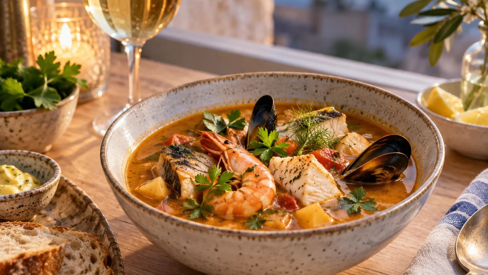 Bol de soupe de poisson blanc avec légumes, tomates et herbes fraîches sur une table claire, en lumière naturelle, sans texte ni logo