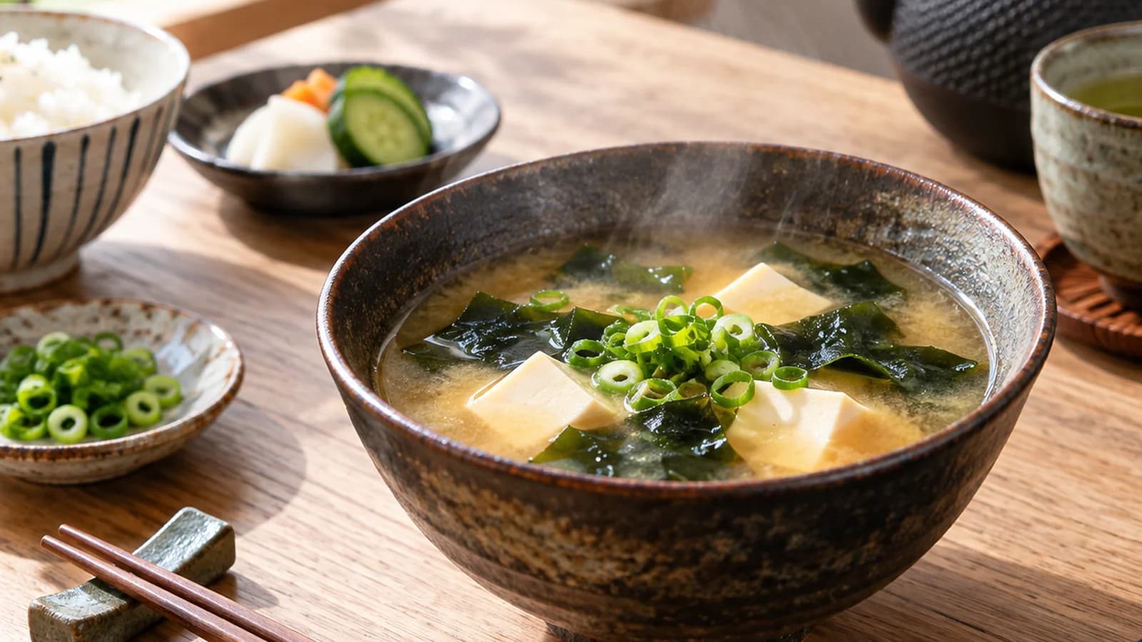 Bol de soupe miso maison avec tofu, wakamé, champignons et ciboule sur une table en bois, lumière naturelle, sans texte ni logo
