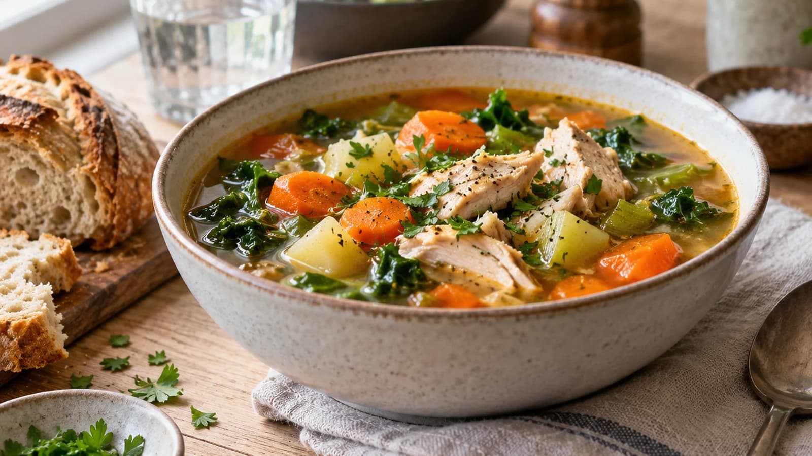 Bol de soupe-repas colorée avec légumes en morceaux, lentilles, herbes fraîches et tranche de pain, lumière naturelle, sans texte ni logo