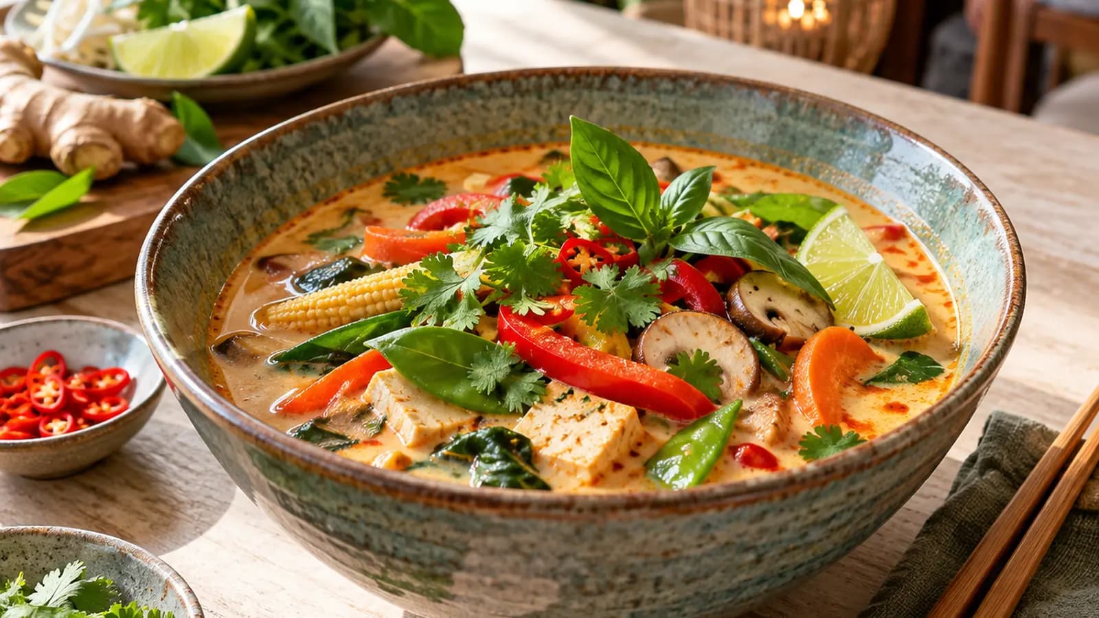 Soupe thaïe aux légumes colorés et au lait de coco servie dans un bol, lumière naturelle, sans texte ni logo, sans visage en gros plan