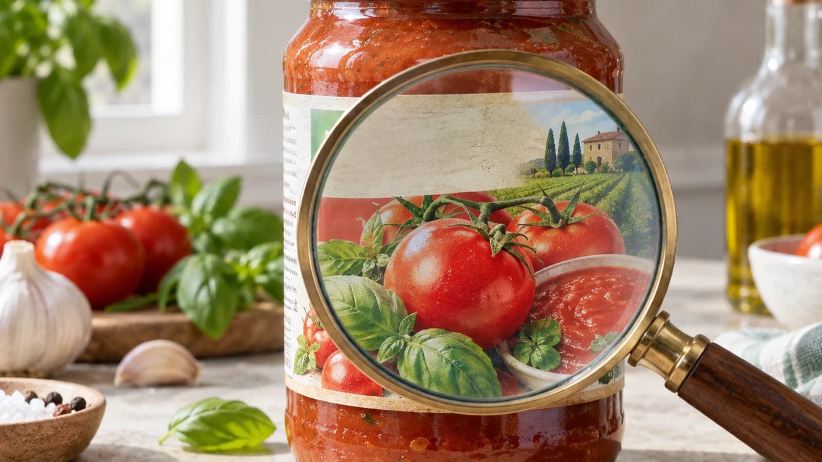 Tranches de pain, sauce tomate et plat préparé dans une cuisine éclairée par la lumière naturelle, sans texte ni logo