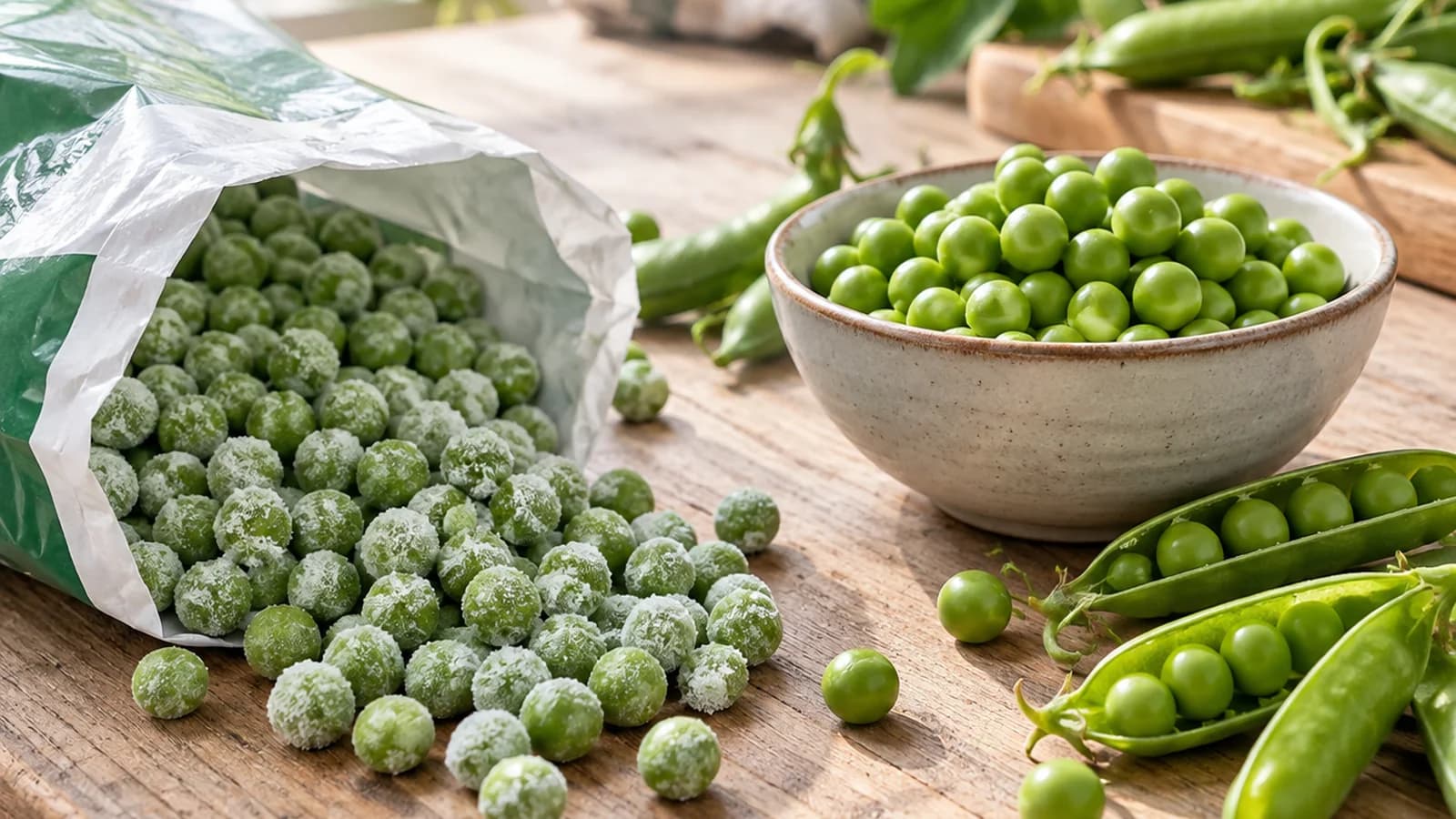 Poêlée colorée de légumes frais et surgelés dans une assiette, lumière naturelle, sans texte, sans logo, sans visage en gros plan