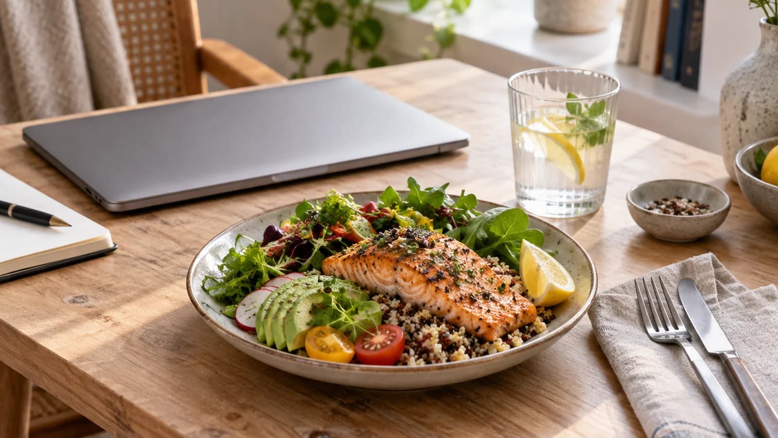 Table de déjeuner à domicile avec salade composée, pain, fruit et verre d’eau près d’un ordinateur fermé, lumière naturelle, sans texte ni logo