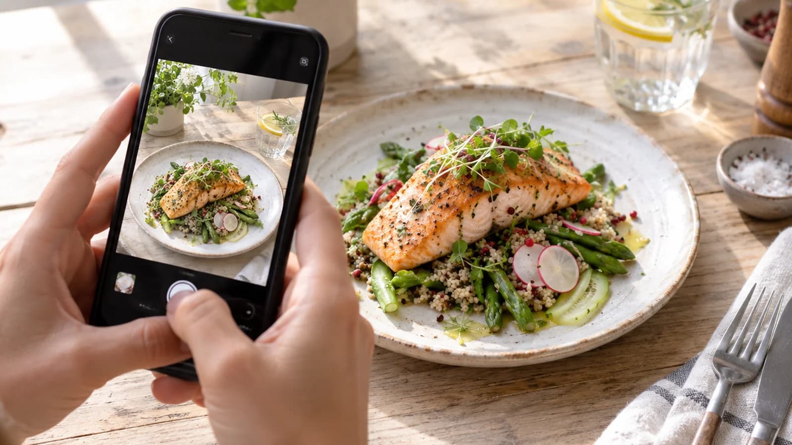 Assiette colorée photographiée à la lumière naturelle avec légumes, céréales et source de protéines, sans texte ni logo