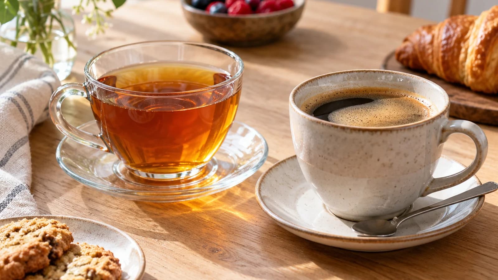 Tasse de café noir et thé vert posés sur une table en bois avec une cuillère, lumière naturelle, sans texte ni logo