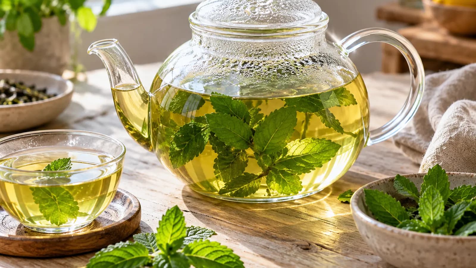 Tasse de thé vert fumant avec feuilles de thé, citron et menthe sur une table éclairée par la lumière naturelle, sans texte ni logo