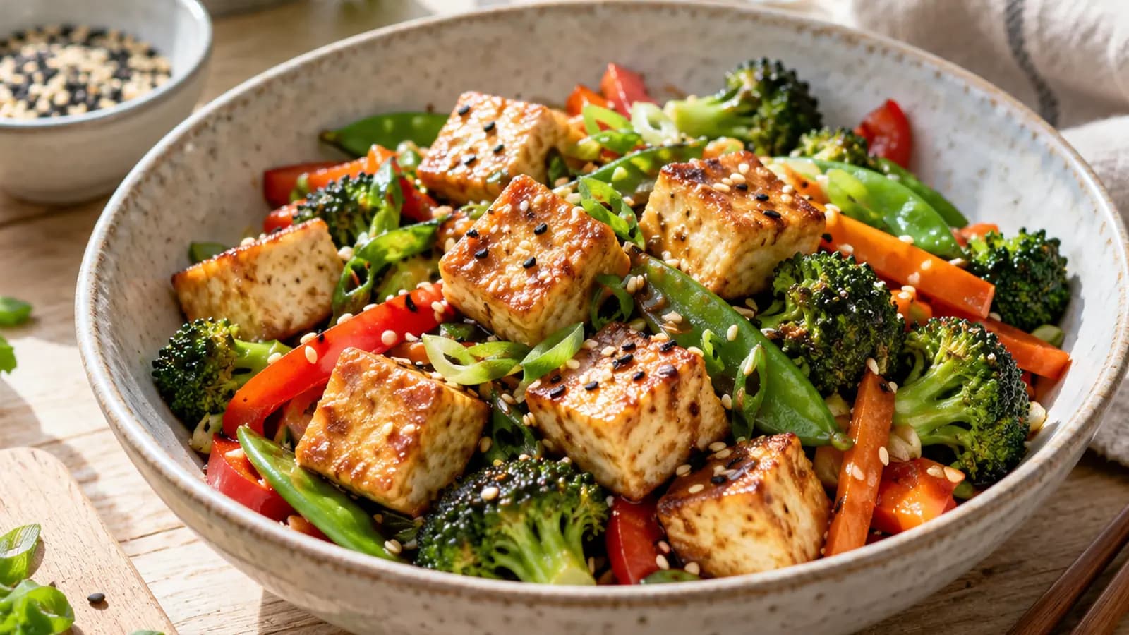 Cubes de tofu dorés dans une poêle avec légumes colorés et herbes fraîches, lumière naturelle, sans texte, sans logo, sans visage en gros plan