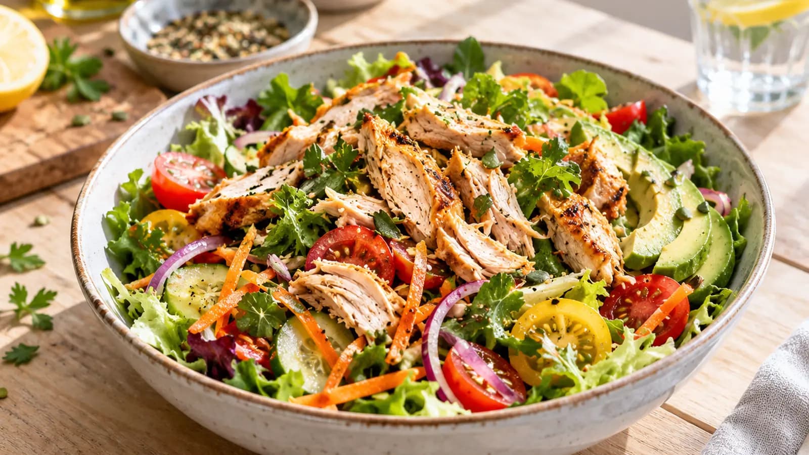 Wraps au poulet effiloché, carottes et chou, sauce au yaourt, sur une table en lumière naturelle, sans texte ni logo