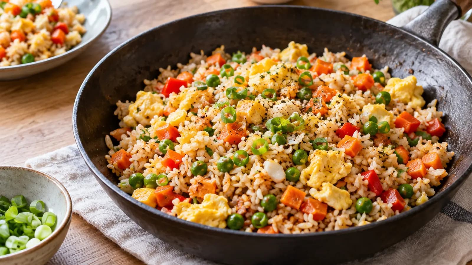 Salade de riz aux pois chiches, concombre et tomates sur une table en lumière naturelle, sans texte ni logo