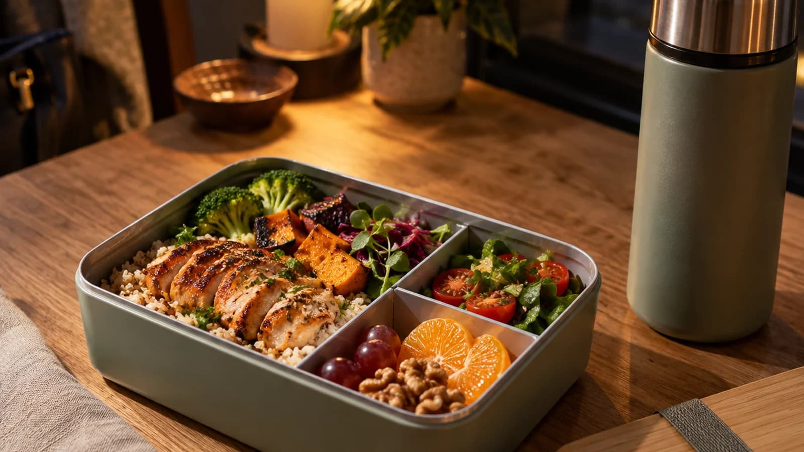 Boîte-repas avec salade de pâtes, légumes, œuf et fruit sur une table en lumière naturelle, sans texte ni logo