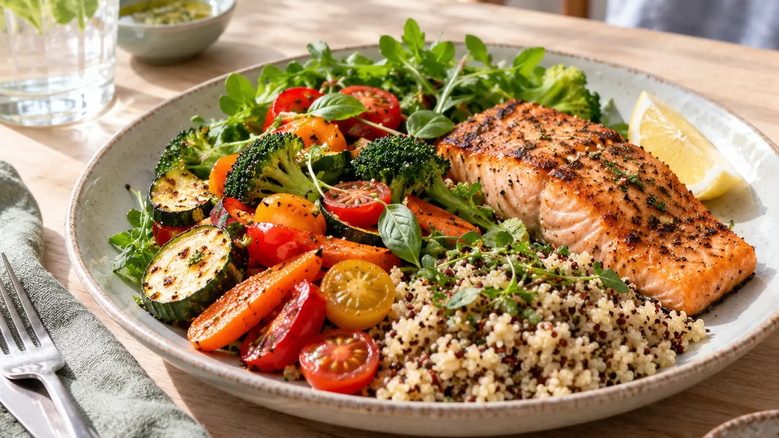 Assiette équilibrée avec légumes rôtis, légumineuses et céréales sur une table éclairée par la lumière naturelle, sans texte ni logo