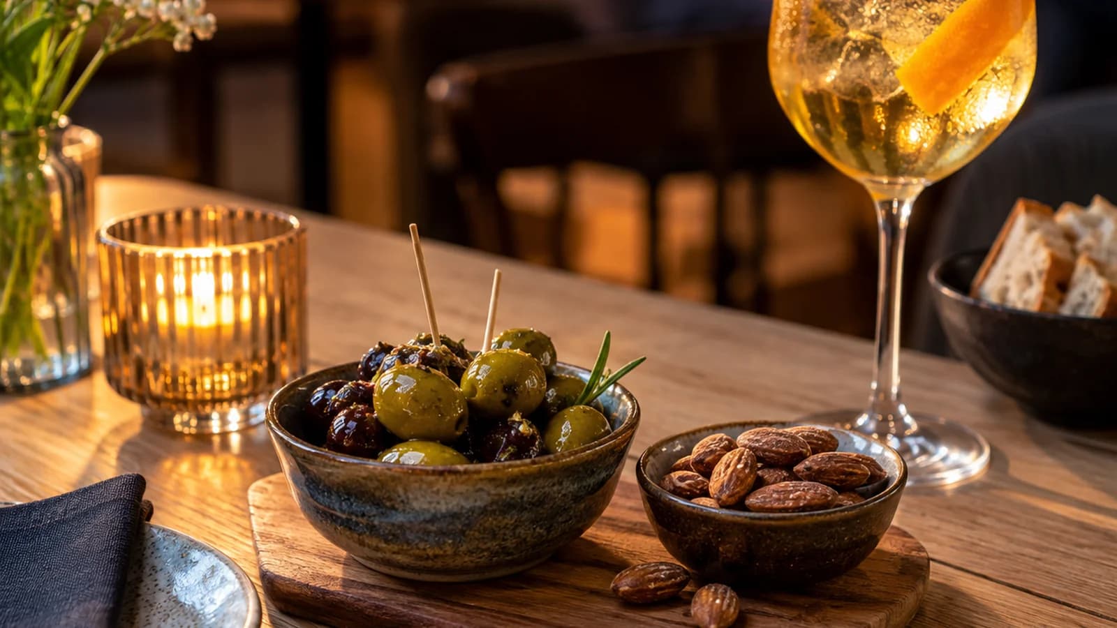 Table de restaurant avec une petite assiette de crudités, quelques olives et un verre d’eau pétillante à la lumière naturelle, sans texte ni logo