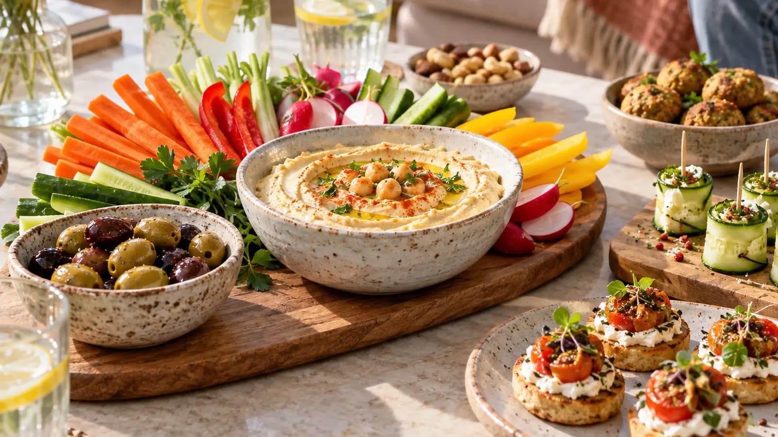 Table d’apéritif dinatoire avec légumes croquants, houmous, pain, tomates cerises et petites bouchées, en lumière naturelle, sans texte ni logo