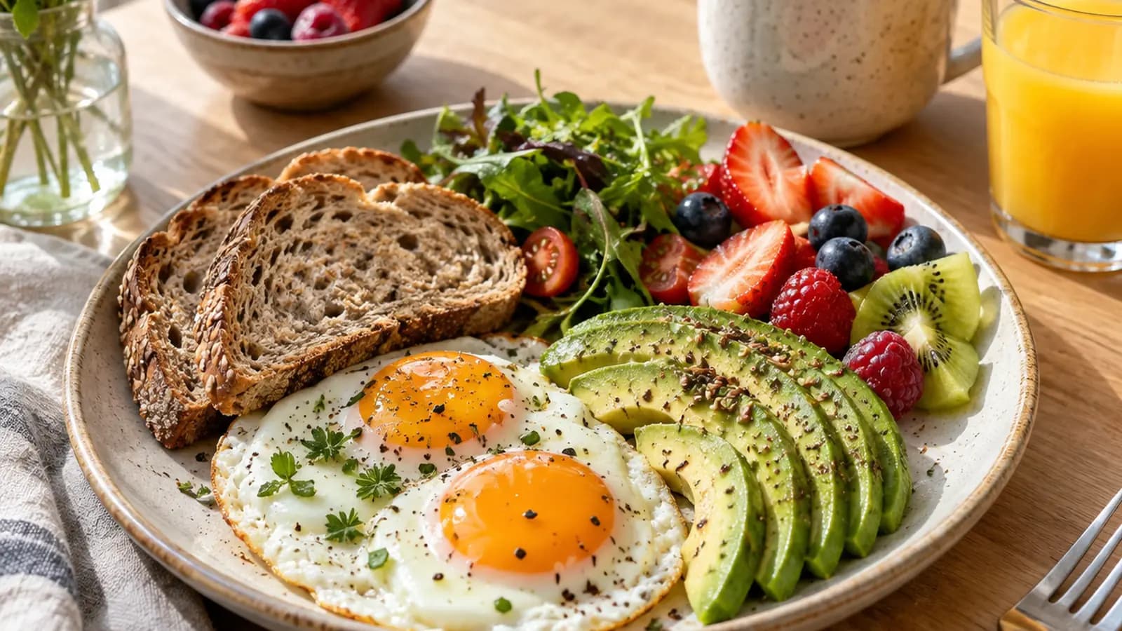 Assiette de brunch avec œufs, tartines, fruits frais et croissant sur une table lumineuse, photo culinaire éditoriale sans texte ni logo
