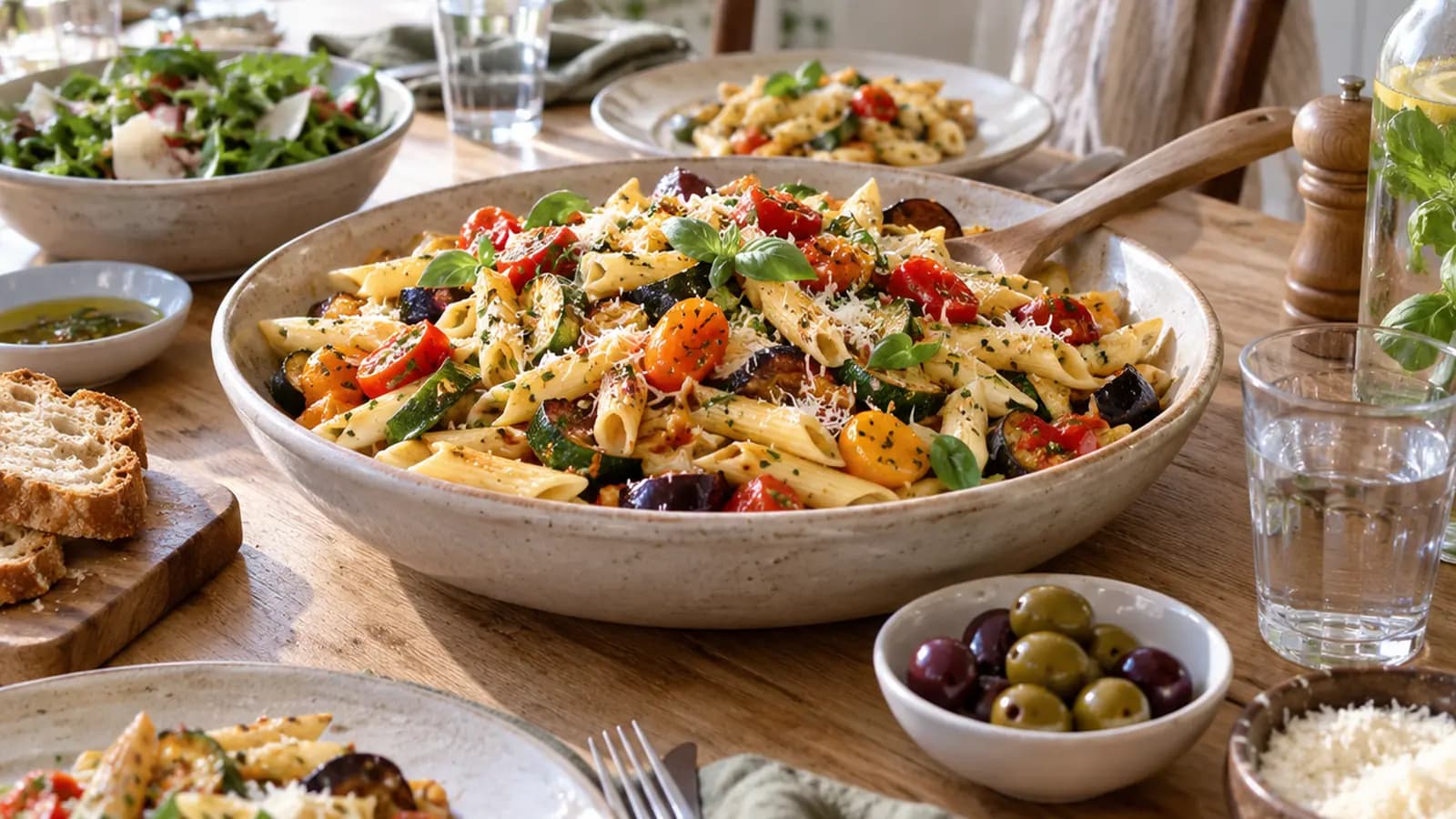 Grande table familiale avec un plat de pâtes aux légumes, une salade colorée et des fruits, lumière naturelle, sans texte ni logo