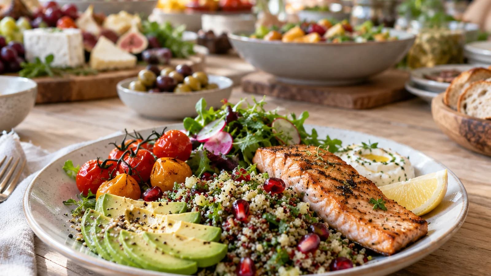 Assiette complète composée de crudités, légumes, accompagnement et poisson sur une table de buffet éclairée par la lumière naturelle