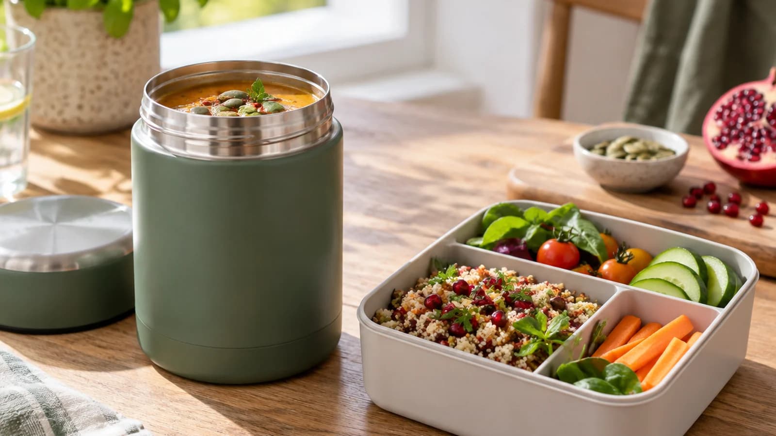 Lunchbox de salade et contenant isotherme de lentilles sur une table, lumière naturelle, sans texte ni logo