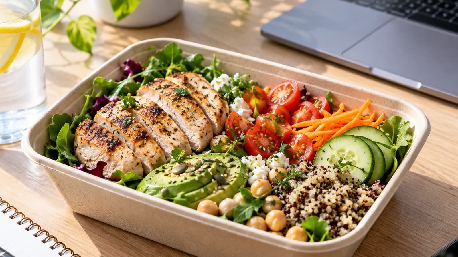 Déjeuner à emporter composé d’un bol de légumes, de riz et de poulet, avec une bouteille d’eau sur une table éclairée par la lumière naturelle