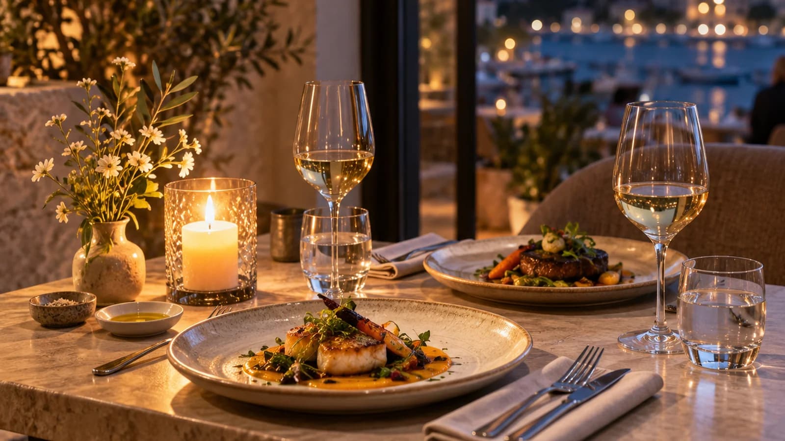Table de restaurant avec deux assiettes gourmandes, lumière naturelle, verres et couverts, sans texte, sans logo ni visage en gros plan