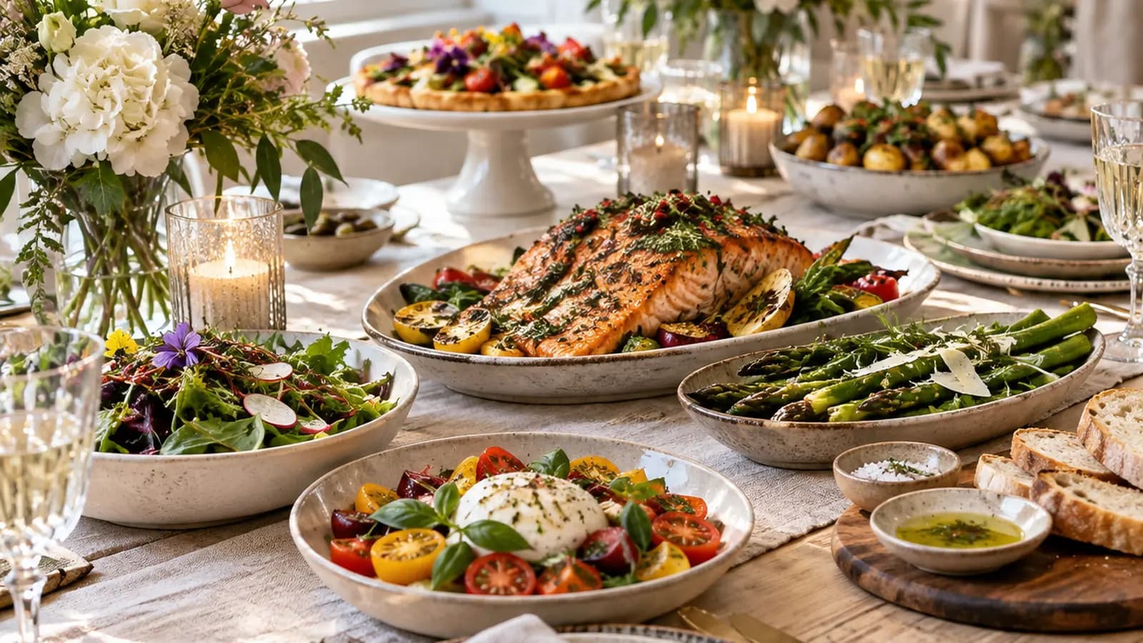 Table de mariage avec assiettes colorées, eau, verres et plats festifs dans une lumière naturelle, sans texte ni logo