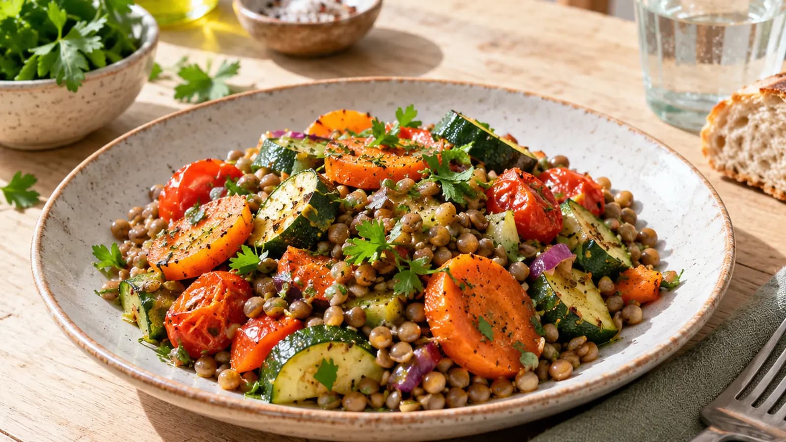 Table de menus maison avec lentilles, omelette et légumes de saison, en lumière naturelle, sans texte ni logo
