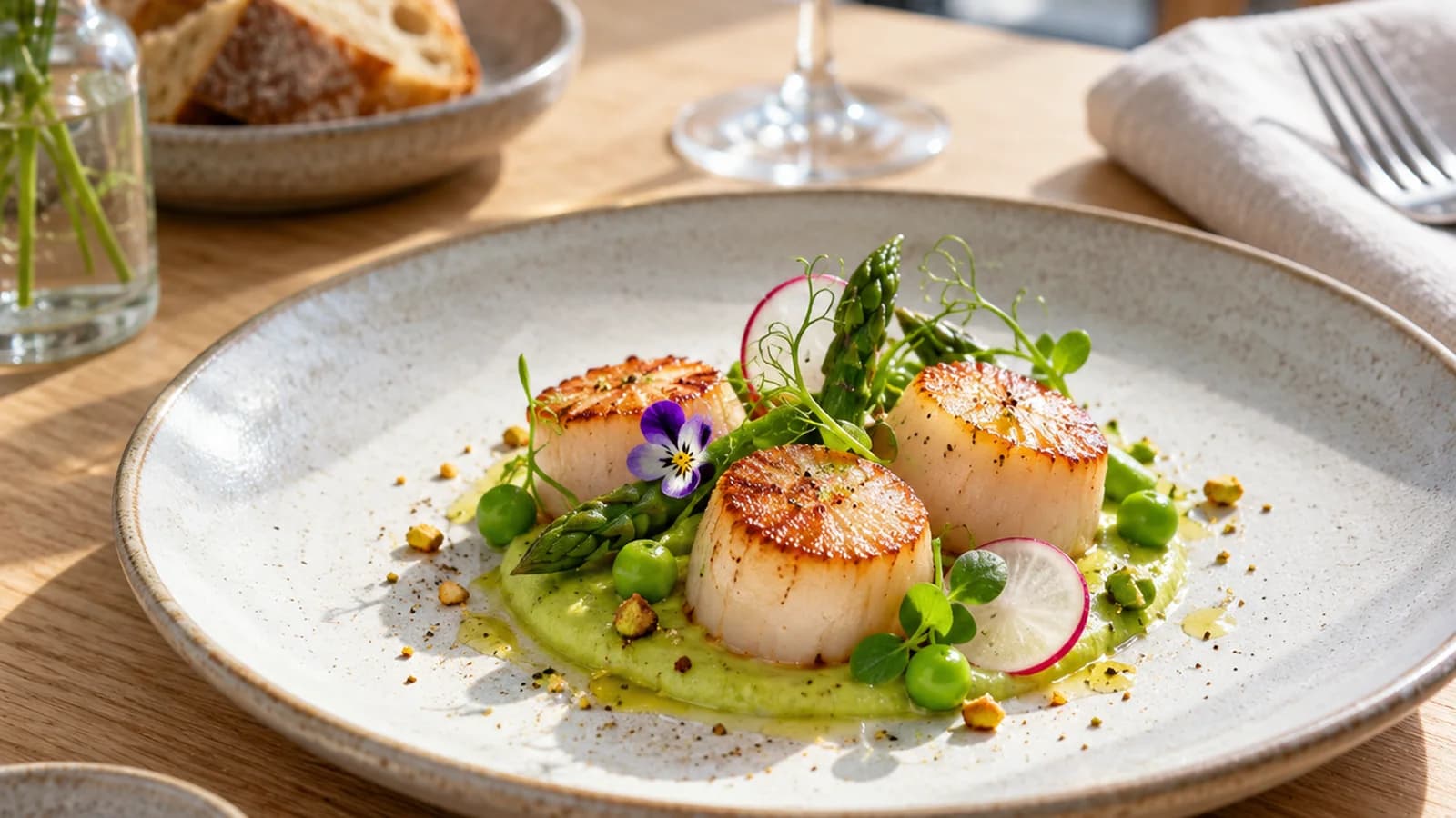Petites assiettes gastronomiques sur une table de restaurant, lumière naturelle, sans texte, logo ni visage visible