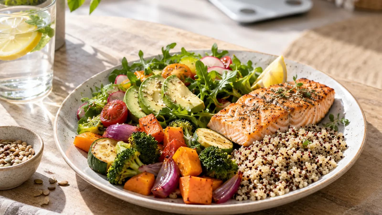 Assiette de légumes rôtis, céréales et œuf sur une table claire, en lumière naturelle, sans texte ni logo
