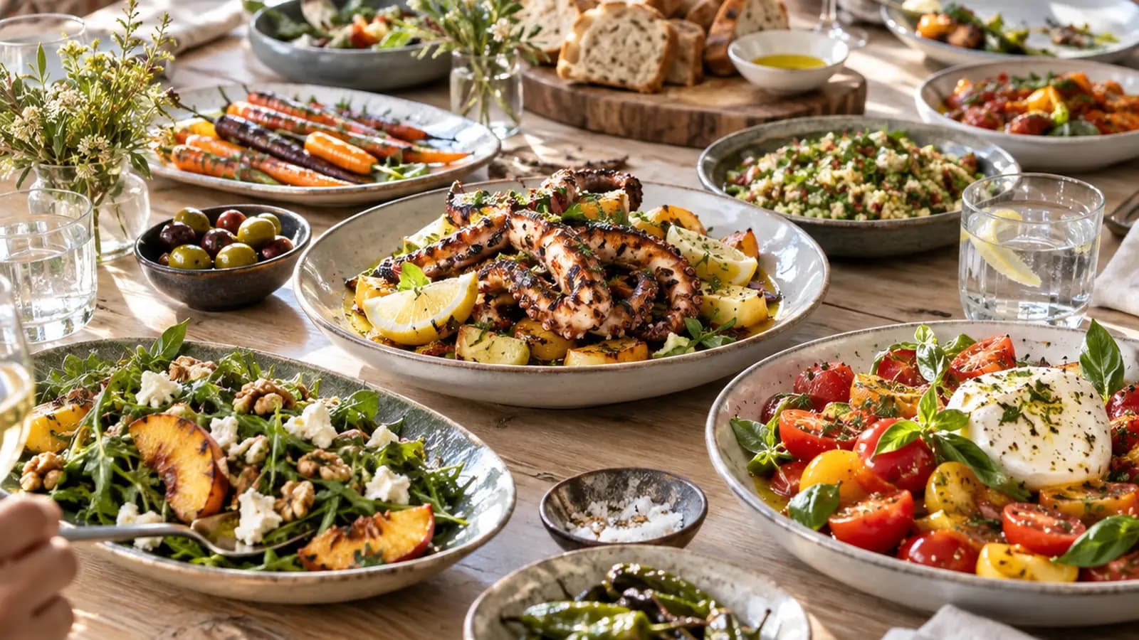 Table de restaurant avec assiettes à partager, légumes colorés, pain et couverts dans une lumière naturelle, sans texte ni logo