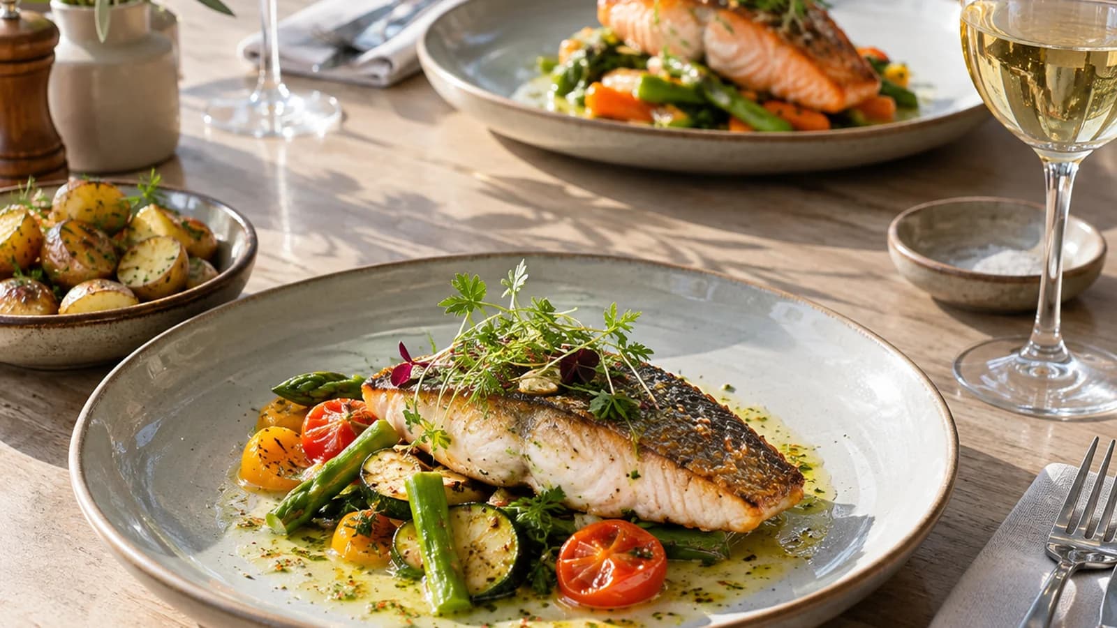 Table de déjeuner professionnel avec assiette de poisson, légumes, pain, verre de vin et carafe d’eau en lumière naturelle, sans texte ni logo