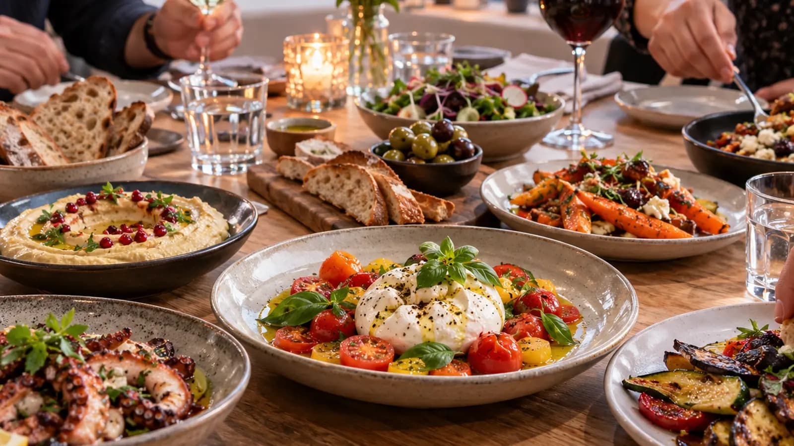 Table de restaurant avec plusieurs assiettes colorées, verres d’eau et boisson sans alcool en lumière naturelle, sans texte ni logo