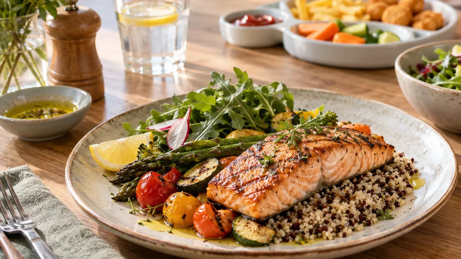 Assiette de poulet, riz et légumes sur une table de restaurant avec couverts d'enfant, en lumière naturelle, sans texte ni logo