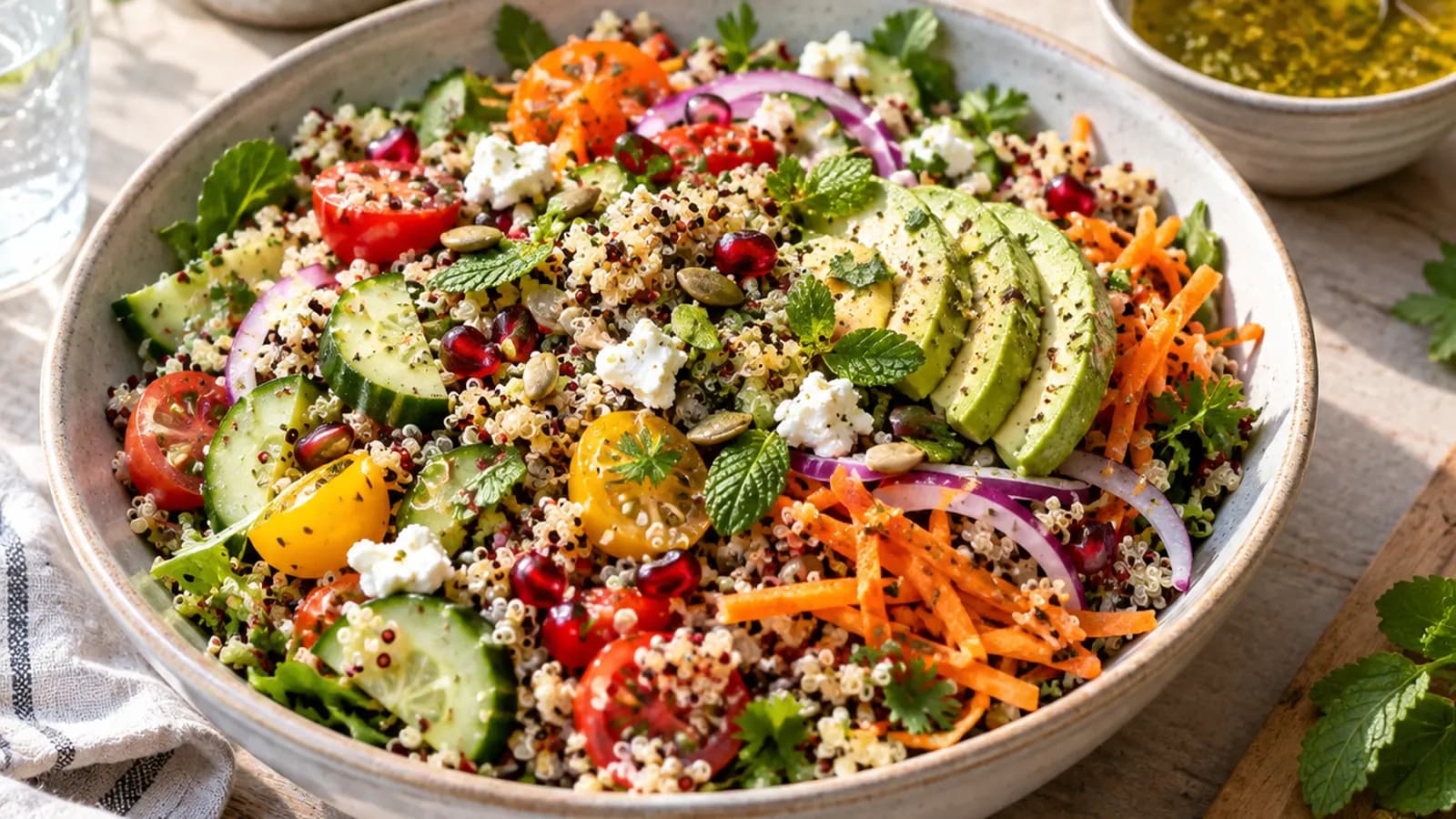 Salade composée de légumes colorés, pois chiches, œuf et sauce servie à part sur une table en lumière naturelle