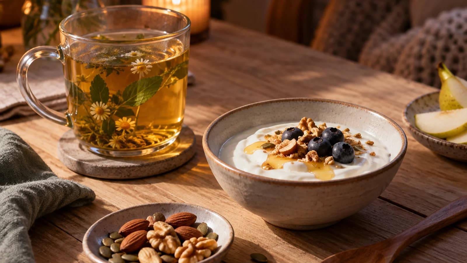 Bol de yaourt nature avec poire et quelques noix sur une table en bois, lumière naturelle, sans texte ni logo