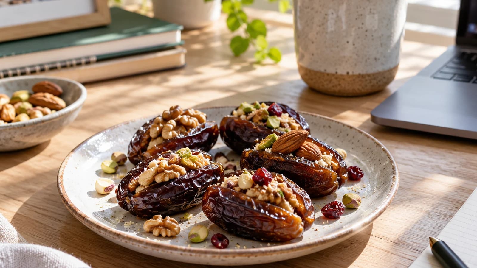 Petites collations sucrées maison avec muffins aux pommes, fruits frais et yaourt sur une table éclairée par la lumière naturelle